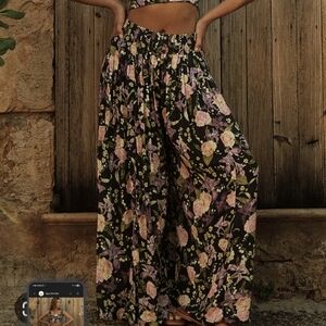 Agua Bendita Black Floral Wide-Leg Pants